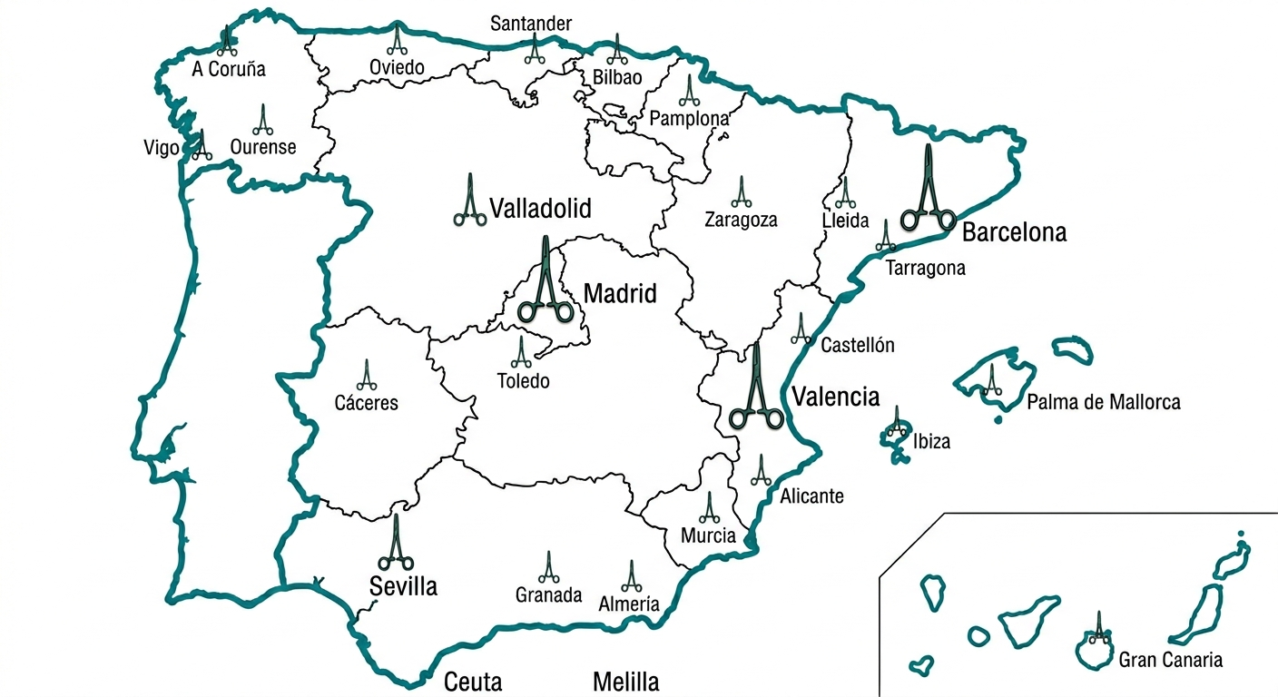 Mapa de España con las ubicaciones donde Scientific Anatomy ha impulsado formación e investigación